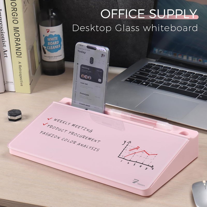 TOWON Small Compact Glass Desktop Whiteboard with Storage – 12 x 7 in Dry Erase Board for Desk, Home Office, School | Includes 5 Markers, Eraser & Holder | Space-Saving Organizer, Aesthetic Pink - Image 2